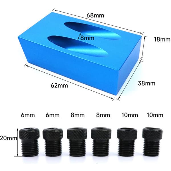 15-graders vinkelboresett for tre med boremalguide og 6/8/10 mm hull