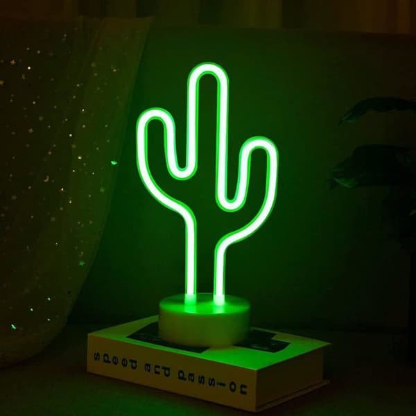 LED-neonskylt, sovrumsdekoration, nattlampa, inomhusbelysning, batteri- och USB-driven (Grön kaktus)