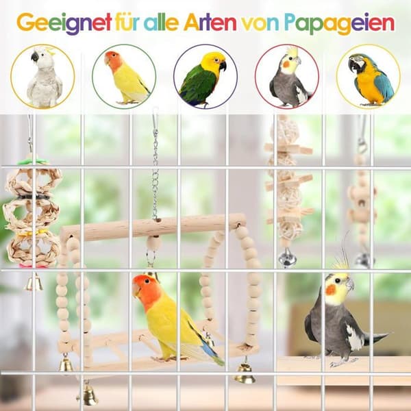 Fågelleksaker - Set med 8 delar - Naturligt trä - Gunga och klocka - Undulat och papegoja