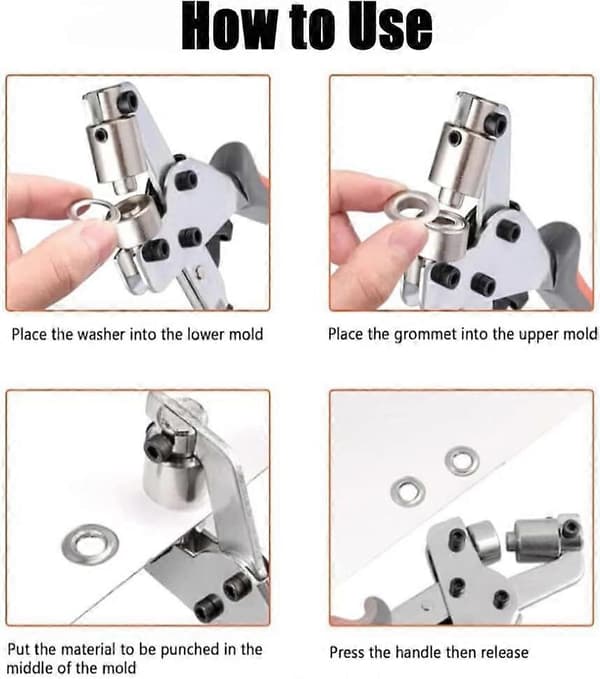 Profesjonelt maljesett, kraftig maljetang med hullpunch og maljer Silver Buckles 6mm 100pcs
