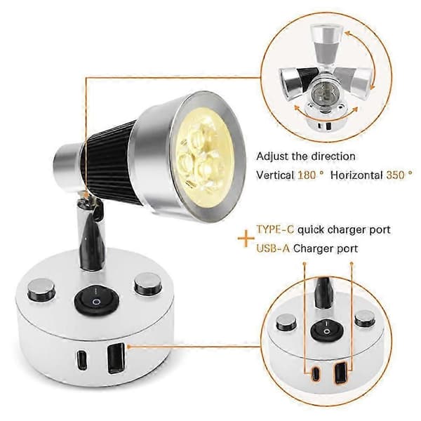 12V LED Væglampe til Alsidig Indendørs Belysning i Sort og Sølv med USB-A og USB-C Afbrydere 3000-3500K 4000-4500K