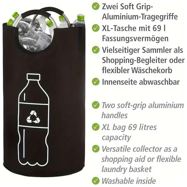 Sammenleggbar resirkuleringsbeholder for flasker, 18,2-gallons polyesteroppsamler, sylindrisk multifunksjonell beholder for hjemmebruk, ingen strøm nødvendig