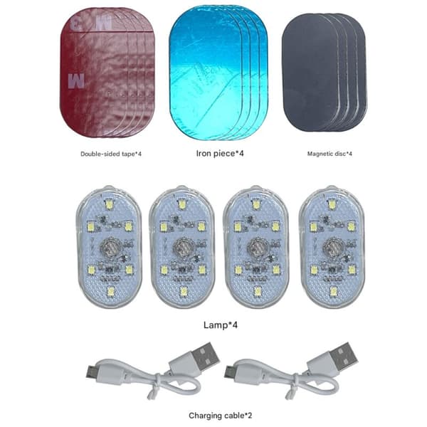 4-delt RGB Bil Interiør Belysningssæt, 7-farvet LED Touch Lampe, USB Genopladelig Loftslampe