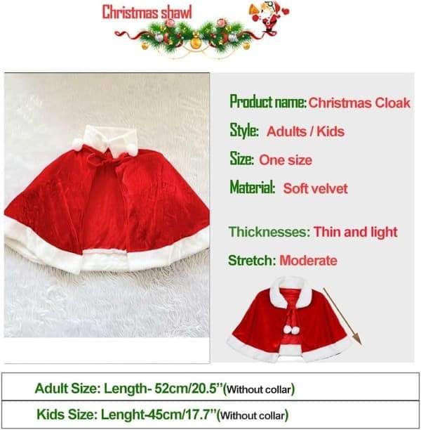 Jul Sammet Sjal Kappa Fru Tomtemor Kappa Halloween Kostym Kids Shawl