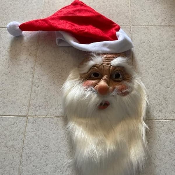 Julemaske, rød julehatt, parykk, skjegg, hette