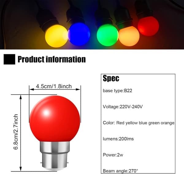 20 x B22 Bajonetfatning LED Farvede Mini Globus Golfbold Lys til Terrasse Have Fest Jul
