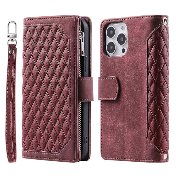 For iPhone 14 Pro 6.1 tommer Lommebok Deksel med Glidelås Tekstur PU Lær Flip Stativ Veske Wine red Style D iPhone 14 Pro