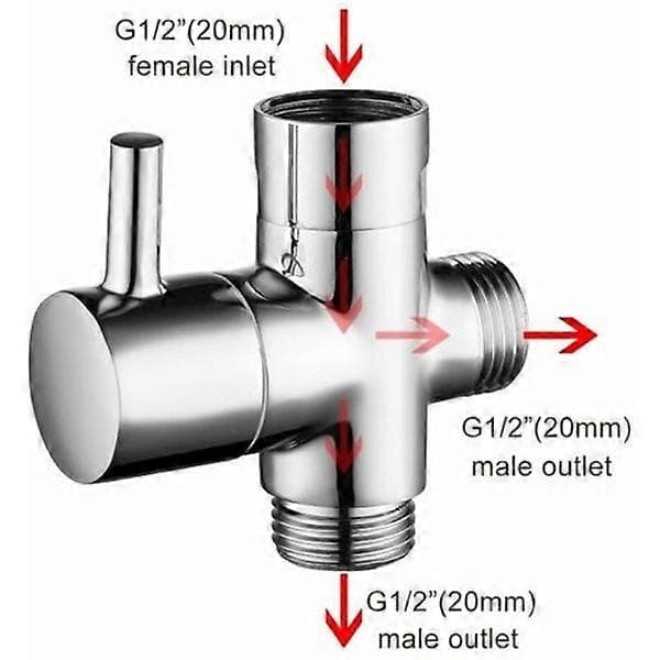 1 st Mässingsduschventil Med T-adapter G1/2\" Duscharm 3-vägs Omledningsventil Universal 3-vägs Mässing Kromplätering För Kök Badrum