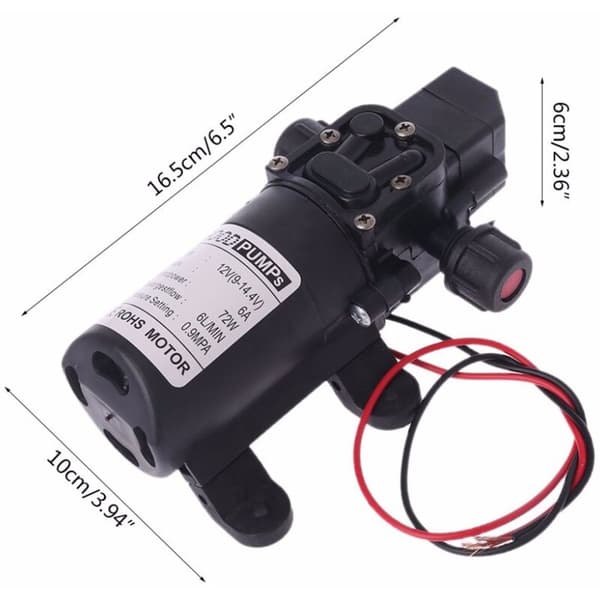 12V 6A 72W Högtrycksmembranpump, 6L/min flödeshastighet, 1-2m sughöjd, 70m pumphöjd, termiskt skydd