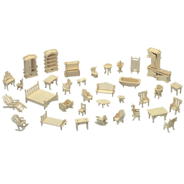 Trä 3D Pussel DIY Skala Miniatyr Modeller Dockhus Möbler Set Tillbehör