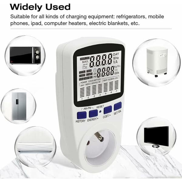 Wattmeter Plug-in Energimålerpakke, Dobbelt Takstmåler, Strømforbrugsmåler Plug-in, Elforbrugsmåler med 7 Tilstande og LCD
