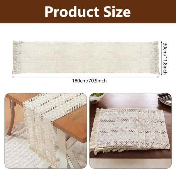 Beige bomulds makrame bordløber med kvaster - 1 stk, beige, 30×180cm - håndlavet boho bordløber, vaskbar - makrame