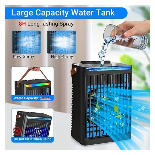 Bærbar aircondition, mini luftkøler, 680 ml USB luftkøler, 5-trins ventilator