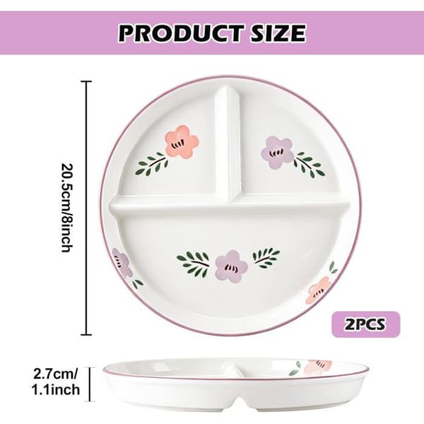 Delad tallrik - Set om 2 - Keramik - 3 sektioner - portionskontroll - 20,5 cm