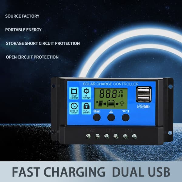 PWM solcellepanel ladekontroller, 12V/24V, 20A, LCD-skjerm, dobbel USB-port