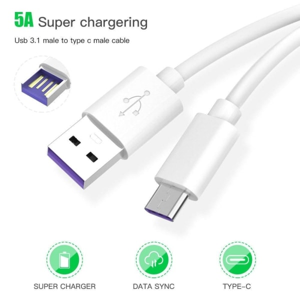 3x 5A USB 3.1 A - USB C SuperCharge 2M Vit en storlek