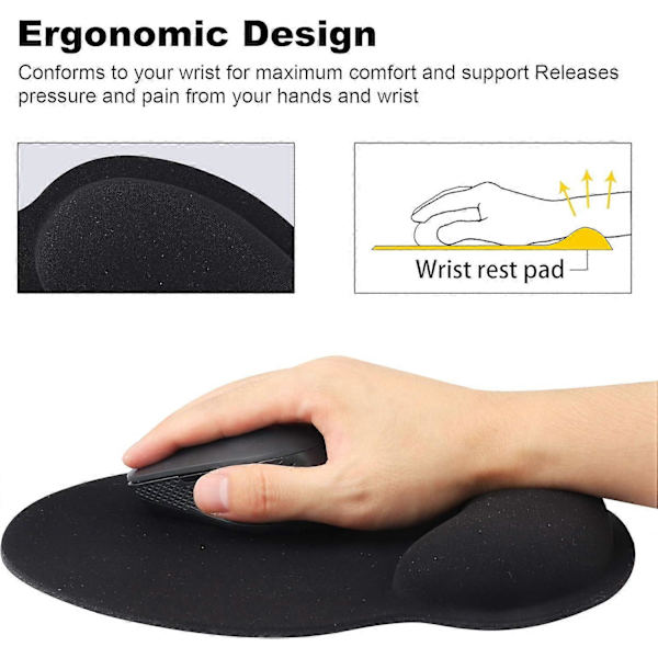 Musemåtte med håndledsstøtte, ren sort ergonomisk håndledsstøtte, komfortabel memoryskum skridsikker håndledspude
