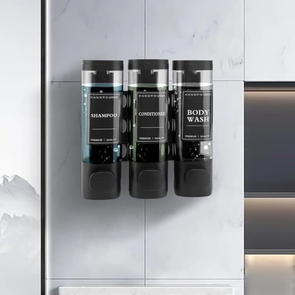 Vægmonteret sæbedispenser, brusegeldispenser, tredobbelt shampoo- og balsamdispenser, ingen boring påkrævet, ABS, til badeværelse, køkken