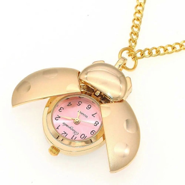 Nye Mariehøneure Bille Ur kvinder mænd børn lommeur studerende quartz ur nøgleringe lommeur halskæde ure guld Pink with keyring