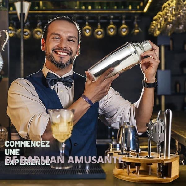 Bartender Cocktail Sæt - 12 Dele - Rustfrit Stål - 750 ml Shaker med Bambusstativ - Til Hjemmet