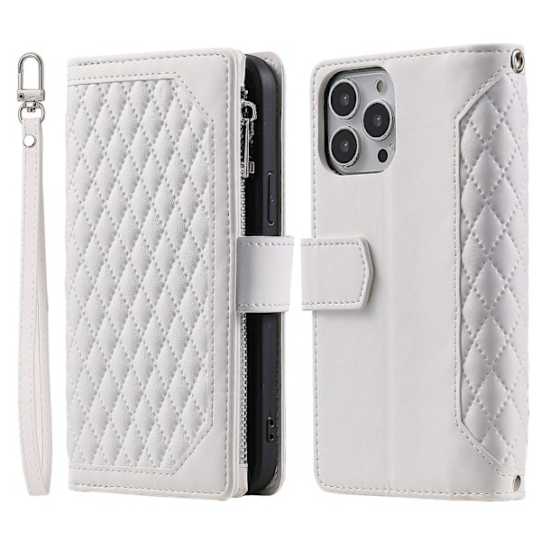 For iPhone 14 Pro 6.1 tommer Lommebok Deksel med Glidelås Tekstur PU Lær Flip Stativ Veske White Style F iPhone 14 Pro