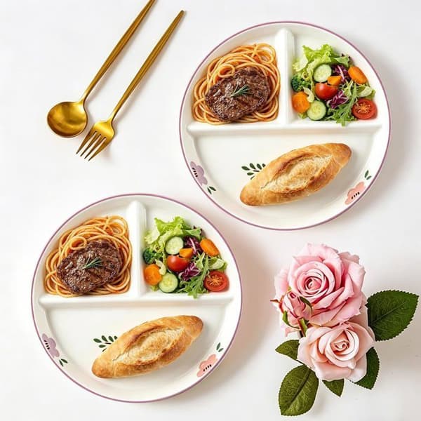 Delad tallrik - Set om 2 - Keramik - 3 sektioner - portionskontroll - 20,5 cm