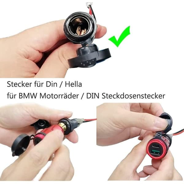 USB cigarettænderadapter - Til BMW motorcykler, DIN/Hella - EU-stik USB C PD 3.0 & QC