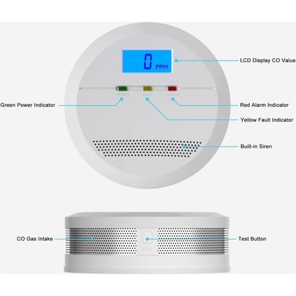 Sertifisert EN 50291 Karbonmonoksiddetektor, CO-alarmdetektor med digitalt display, utskiftbart batteri, CO-alarm for hjem, garasje, campingvogn