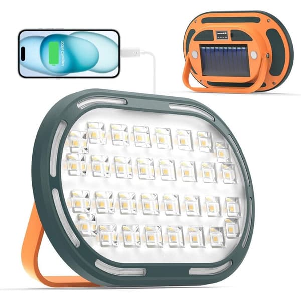 30W Solcelledrevet Oppladbar LED Flomlys, 2000LM, Kompakt Arbeidslys med 4 Lysmoduser, IP65 Vanntett Arbeidslampe