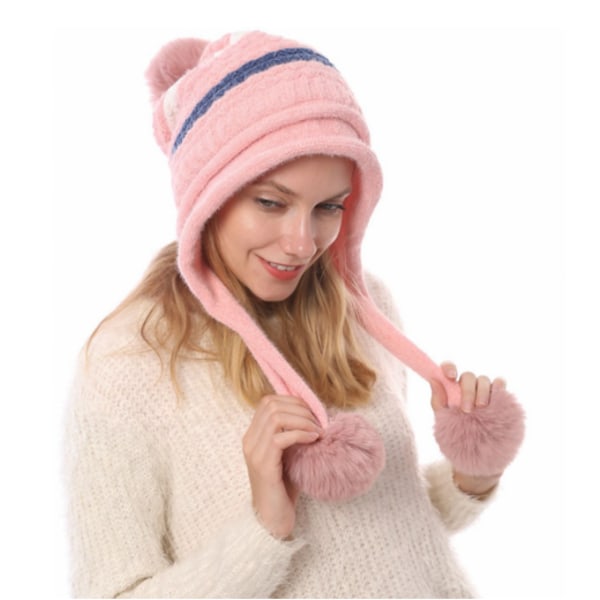 Neulotu Neulelippis Pompom-Korvilla Talveksi Naisille Pink