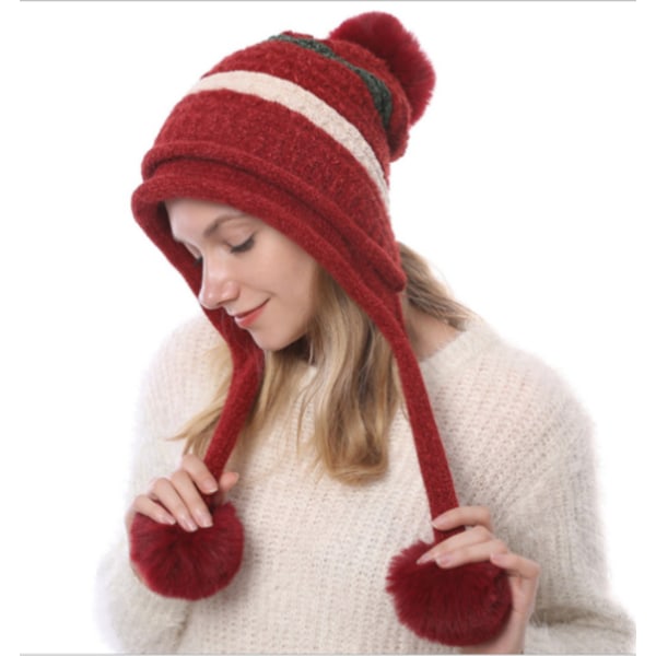 Strikket Beanie med Pom Pom Øreklapper Vinter til Kvinder Red