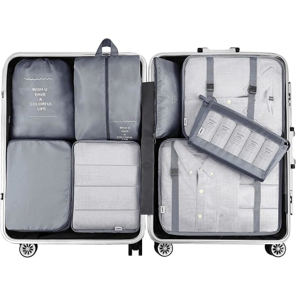 8-pack Organizer Set för Resväskor, Förvaringsväskor, Packningskuber, Reseväskor, Presenter Grey