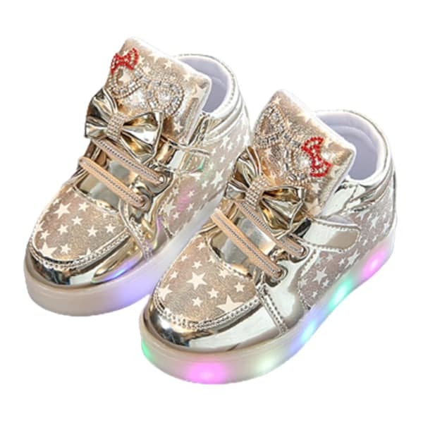 Lysende sko, blinkende åndbare sneakers, lysende fritidssko til børn, guld