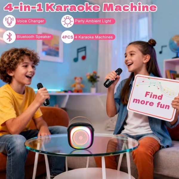 Karaoke til børn med 2 trådløse mikrofoner, bærbar karaokemikrofon, Bluetooth-karaokelegetøj med stemmeskifter og LED-lys