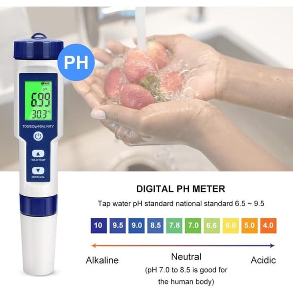 Elektronisk pH-tester, 5-i-1 bassengvanntester med bakgrunnsbelysning, pH/TDS/EC/salinitet/temperatur med ATC