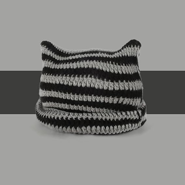 Damkattmössa i stickad crochet med öron - Varm vintermössa i stickad elastisk slouchy för flickor, vuxna och barn Black