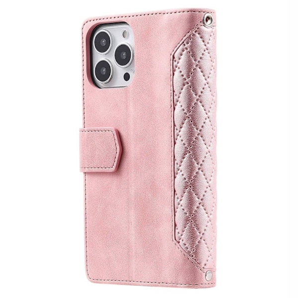 För iPhone 14 Pro 6.1 tum Ficka med dragkedja Telefonfodral Texturerat PU-läder Flip Plånboksställ Pink gold Style C iPhone 14 Pro