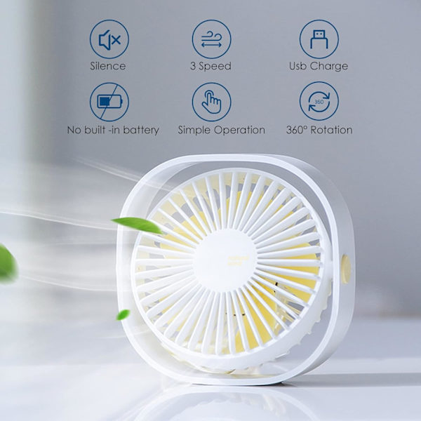 Pieni USB-pöytätuuletin, hiljainen, kannettava, 3 nopeusasetusta, 360° säädettävä kääntö kotikäyttöön ja matkoille (ei akkua) White
