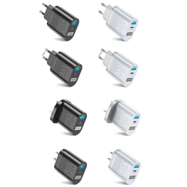 USA/EU/UK/KR 65W GaN-laturi QC 3.0 USB PD seinälaturi Type C USB pikalaturi kannettavalle tietokoneelle puhelimelle Power Bank -sovittimelle White - EU