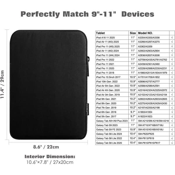 11 tommer tablet-etui bæretaske til ny 11\" iPad Air M3, iPad A16 2025, iPad Pro 11 M4, Air 5/4/3, iPad 10/9/8. generation, sort