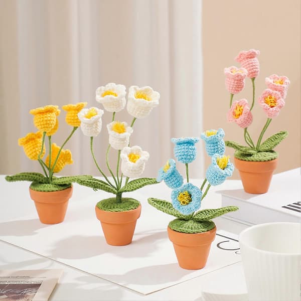 Vævede potteplanter, håndstrikkede mini hæklede plantepotter Yellow