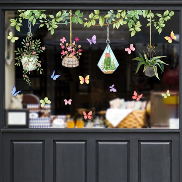 Fjärils- och blomfönsterdekaler, gröna växtväggdekaler, dekorativa dekaler för badrum, kök, barnrum
