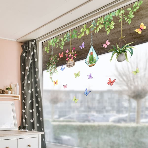Fjärils- och blomfönsterdekaler, gröna växtväggdekaler, dekorativa dekaler för badrum, kök, barnrum