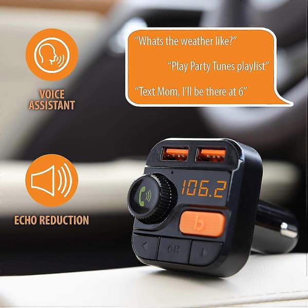 Armor All Trådlös Bluetooth FM-sändare med dubbla USB-laddningsportar, röststyrning, basförstärkning, handsfree-samtal och musikströmning, block, ahf9