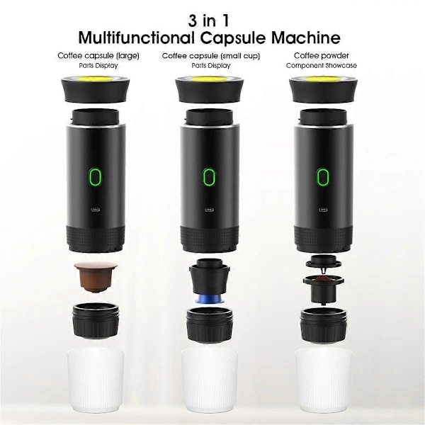 3 in 1 Mini Langaton Sähköinen Kannettava Espresso Kahvinkeitin Autoon & Kotiin Leirintämatkoille Kapselikahvinkeitin Musta