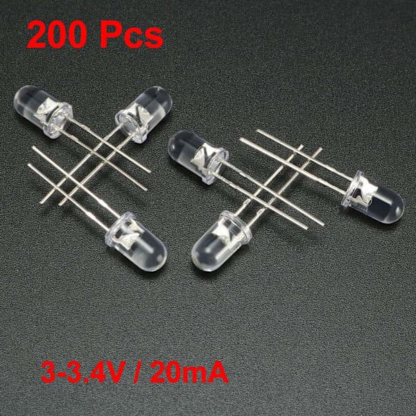 200 stk. 5 mm hvite LED-er, runde, transparente, 3-3,4 V, 20 mA, supersterke LED-er