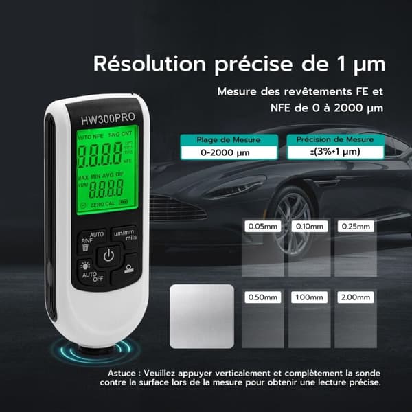 Billakkdisplay, 0-2000µm måling, Digital billakkdisplay med bakgrunnsbelyst LCD-skjerm, Hvit