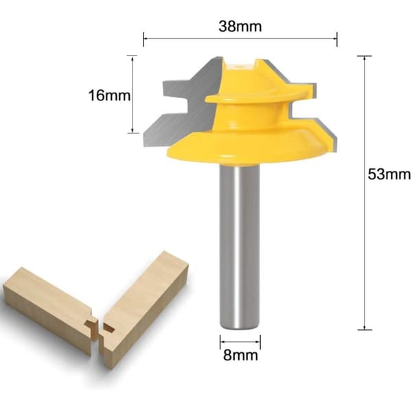 8 mm 45-graders låsefræsejern til MDF, massivt træ og krydsfiner. Præcise snit og pæne finish.