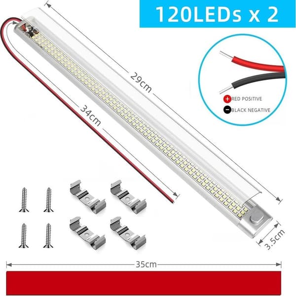 12V LED-ljusramp för husbilar, 2-pack 12V LED-strips med strömbrytare, 1600LM 12V LED-lampa