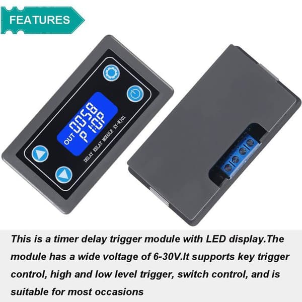 DC 6-30V Tidsforsinkelsesrelæmodul med LCD-display, justerbar digital timer (0,01s-9999min), beskyttelse mod omvendt fejl